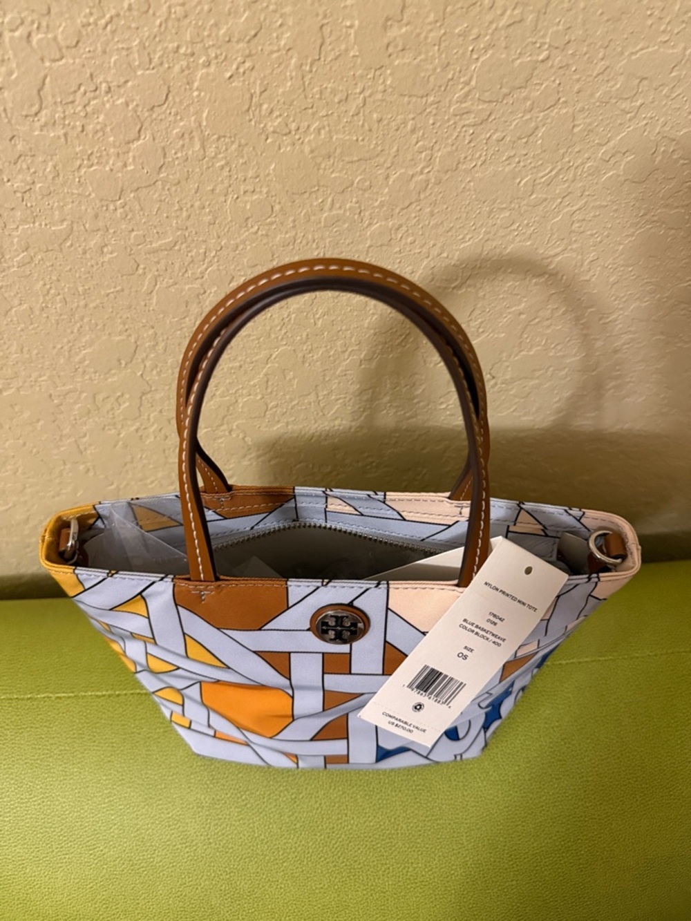 Tory Burch Nylon Printed Mini Tote Blue Basketweave Colorblock - Picture 8 of 11